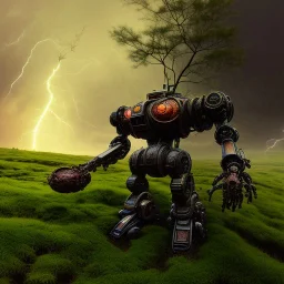 hyperrealistic shot, rusting and moss covered mecha robot, earth color palette, sharp focus, puddle reflection, tire water splash, refraction, rain and lightning on the horizon, shadowcast, detailed and intricate, cinematic composition, tilt shift photography