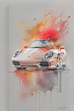 watercolor, zoom, soft, splash of colors on a white background, a detailed golden red vintage cabriolet car, Porsche with white interior, fire style, graffiti elements, powerful zen composition, dripping technique, & the artist has used bright, clean elegant, with blunt brown border, 4k, detailed –n 9, ink flourishes, liquid fire, clean white background, zoom in, close-up,