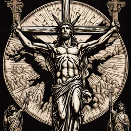 crucified on the cross christ liberty hybrid tone, woodcut, engraved, wall street journal style, statue of cruicified Jesus of Liberty with a beard and wearing a cross and hanging from a cross, The statue male, hyperdetailed intricately detailed photoillustration ink drawing dystopian 8k resolution entire body of the statue is in the picture. digital illustration telephoto lens photography , same colors as the us treasury's one dollar bill, crucified"