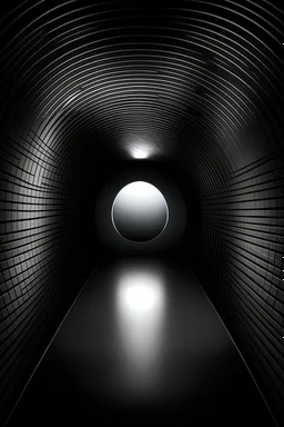 A gray tunnel that becomes increasingly narrower (like a funnel) and ends in a point. The walls are smooth. Light comes in from the only opening, so it gets darker and darker until it ends in total darkness. The tunnel is long. The light comes from the entrance. The tunnel becomes increasingly narrower, progressively smaller and darker.
