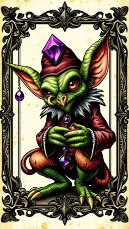 hobgobline gremlin with gem joker card with ornate frame