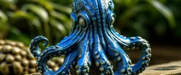 A dark blue water elemental octopus designed in Hawaiian tiki statues painted by Albrecht Durer