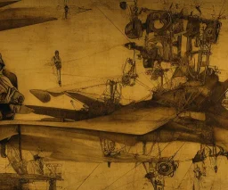 a leonardo da vinci painting of a cyborg analysing data with planes, ships and trucks in the background