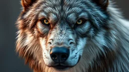 Portrait Hybrid Human-Wolf Werewolf, hyperrealism, fine rendering, high detail, high resolution, 8K