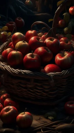 Bosch nightmares paining style Title:a basket of red apples but one apple is bad and rotten in the middle , 8k artistic photography, photorealistic concept art, soft natural volumetric cinematic perfect light, chiaroscuro, award-winning photograph, masterpiece, oil on canvas, Raphael, Caravaggio, Greg Rutkowski, people, beksinski, Giger