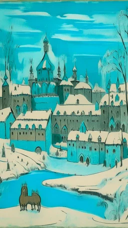 A cyan village with a castle covered in ice and snow designed in ancient Egyptian pottery painted by Paul Gauguin