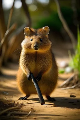 A quokka is seen from the distance, quokka is standing holding a shovel rested on it's shoulder, resting after a hard days work, satisfied, -10