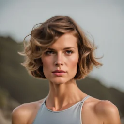 beautiful woman, standing frontal, short silver triathlon swimsuit, wavy bob haircut, photographed in front of beach, raw