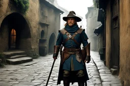(photo from a movie by Lyon Sprague de Camp) a medieval ranger as investigator in the mysterious streets of the old city, close to The Goblin Tower, dust, staff, the guard is never far in the shadows of the streets