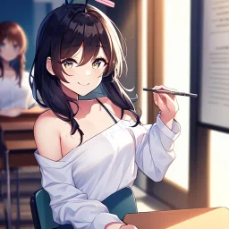 Clear focus, High resolution, a anime adult, cute, cartoony style, smiling, hair between eyes, holding a pencil, small forhead, female, medium length hair, long locks, lots of bangs, teacher, wearing a off shoulder shirt, no spaghetti straps