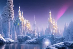  white and gold crystal castle，waterfall, winter snow flakessnow, northern Lights, full of details, smooth, bright sunshine，soft light atmosphere, light effect，vaporwave colorful, concept art, smooth, extremely sharp detail, finely tuned detail, ultra high definition, 8 k, unreal engine 5, ultra sharp focus