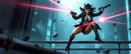 airbrush 3d rendering, mafia cyberpunk stylish lady dr smick Vex is now officially in stasis. No experiments. No clones. No accidental galaxy-ending breakthroughs. sci fi guns and rays, shattering glass background, flying debris, wicked smile, jumping guard rail pose