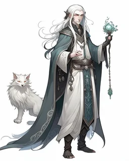 a young High Elf frost Wizard with long wiry hair, wearing a black trimmed white nobleman's robe and frost ornaments on clothes, with a small weasel on his shoulder