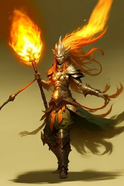 Air genasi from dnd with ashesen skin and asian flowing hair on head holding a Flaming spear in Monk attire with Fire giant symbolism more ash less fire