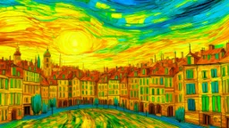 A yellow electric city painted by Vincent van Gogh