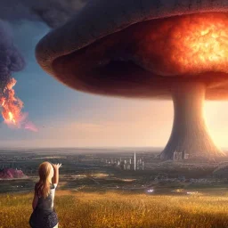 close view from behind of girl on hill watching massive nuclear mushroom cloud, destroyed city below, ultra-realistic, detailed matte, sharp, crisp, 3D octane render, 8k, high-quality, fine-detail, brian froud, howard lyon, selina french, anna dittmann, annie stokes, lisa parker, greg rutowski,