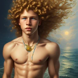 intricate, sharp focus, highly detailed, digital painting, Paul Lewin and Kehinde Wiley, full body image of a beautiful 12 year old boy with long, blonde curly hair and light blue eyes, smiling, shirtless, in front of an distant beach