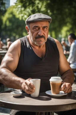 half figure photography of an ugly turkish barman servicing one coffee at the table, burly robust muscular chubby shirtless 48 years old man, in a public park of Istambul , sunny day, sweat, wet, big shoulders, angry eyes, photorealistic