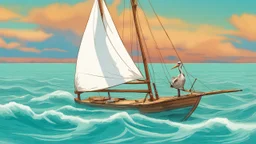A small, brightly colored sailboat with a billowing white sail cuts through a turquoise ocean. The wind fills the sail, causing the boat to lean slightly. In the distance, fluffy white clouds drift across a clear blue sky. One majestic brown pelican with a large pouch full of water flies gracefully above the boat. The image evokes a sense of calm adventure, the refreshing scent of the ocean breeze, and the abundant wildlife. The style is as if a 5 year old did it with paint.