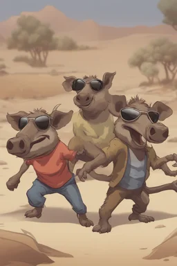 Close-up animation of a mischievous group of wild warthogs wearing sunglasses and attempting to breakdance in a comical fashion.