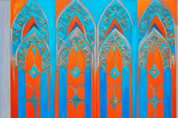 semi-abstract painting, triptych with 3 gothic_arab gates in blue, turquoise and orange