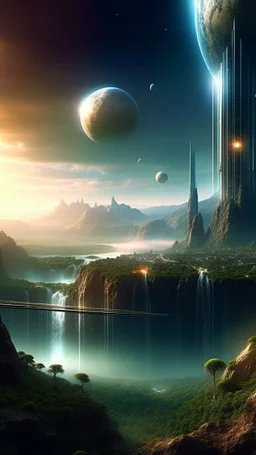 sci fi planet, tall city, beautiful, stunning, waterfall, stars