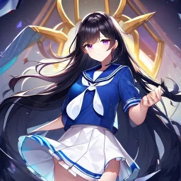 Clear focus, High resolution, Black long fluffy hair, purple eyes, wearing a sailor uniform, shattered rainbow in triagle formation, blue top, white skirt