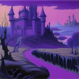 A purple poisonous castle in a wasteland painted by The Limbourg Brothers