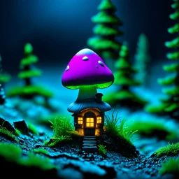 "Close up of a wonderful tiny Mushroom Tower home. Magenta and green with bright white, deep black and contrasting tones of gray magenta and violet colors. Illuminated bioluminescent forest. Professional painter, master at composition. small but detailed. broken, blurred background, voluminous lighting"