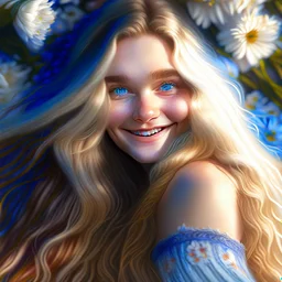 (best quality, 4k, 8k, highres, masterpiece:1.2), ultra-detailed, (realistic, photorealistic, photo-realistic:1.37),hyper realistic, gorgeous smiling 1woman,long hair,looking at viewer,realistic proportions,blue eyes,hair ornament,dress,very long hair,flower,blonde hair,parted lips,necklace,white dress,blonde hair,lips,blurry background,freckles,realistic,head wreath, pink flower,realistic portrait