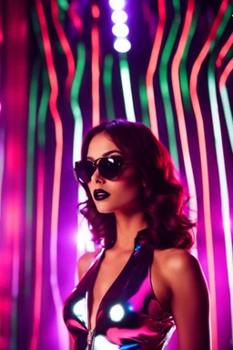 Photograph disco club,super model pretty girl,fashion latex suit,sunglasses ,disco light background