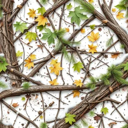 detailed Real Tree Camouflage made of sticks, twigs, tree bark, dried maple leaves, green pine branches, snow and dirt, white background, seamless repeatable texture pattern imitating a natural forest background,