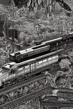 Insanely detailed intricately detailed meticulously detailed hyperdetailed platinum outline of a train on gold paper, high contrast, beautiful landscape, detailed full-color, nature, HD photography, Tishk Barzanji, autoCAD