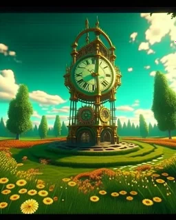 Create a 3d fractal base huge clock on a beautiful tower in a modern town with country houses and green field flowers , with see throgh golden gears rotating , showcasing a harmonious and synchronized movement. fast time passing in a beautiful nature environment