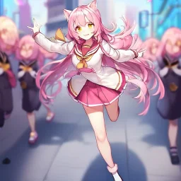 Clear focus,High resolution,High quality, Smiling, Pink long fluffy hair, Pink cat ears, Yellow eyes, Wearing a pink sailor uniform, running