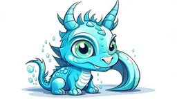 cartoon illustration: a cute little ice dragon with big shiny eyes. The dragon has big wings.