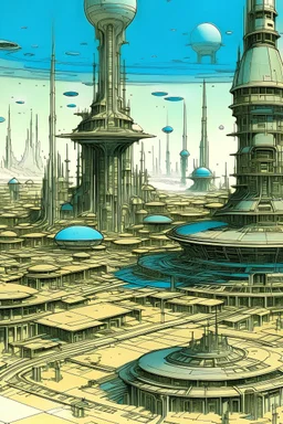 drawing of a sunken futuristic city by Jean Giraud