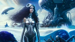 woman with dark hair in a silver robotic catsuit, standing on a futuristic alien beach with a crashed spaceship in the water, with mushrooms with octopus tentacles flying in the air