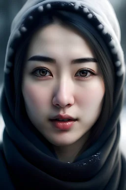 best quality, masterpiece, ultra high res, (photorealistic:1.4), 1 beautiful korean woman, half body, black eyes, snowy skin , black eyebrows , medium noise , small mouth , wearing hijab , looking at viewer, --q 2 --v 5, no NSFW