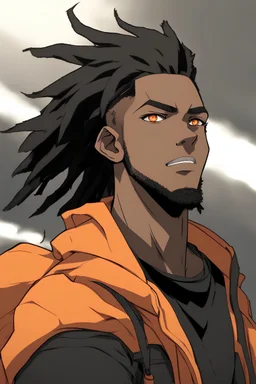 Black anime male, muscular body, think long dreads going down back, orange eyes, black and orange hoodie, black jeans, relaxed smile, hair faded around only sides of head.