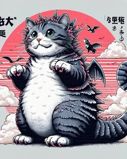 Catzilla cat Japanese Art funny cat gifts for women kid PNG,