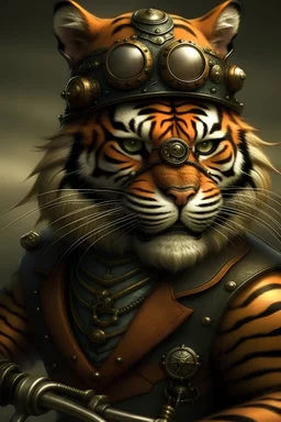 Realistic steampunk tiger, steampunk glasses, in a steampunk world, on a motorbike, wearing a high-hat