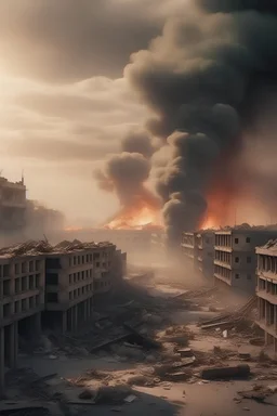 Destroyed City With Fire Smoke and Explosions Rising In the Background on Ground Level Pov