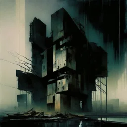 Dark Contemporary abstract painting of Lebbeus Woods brutalist architecture in a wasteland techno decaying landscape. Hazy foggy night sky. Concrete ground. Exposed twisted concrete and pipes. Style Justin Mortimer and JMW Turner.