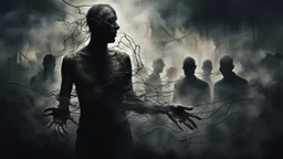 Abstract surreal scene of a human soul in conflict a caracter dissolving into shadows and fog, body torn into shards of light and darkness. Shapes twist and melt like oil paint, forming ghostly hands and distorted faces emerging from the fog. The background is a blur of noise, chaotic patterns and faceless crowds, symbolizing the indifferent outside world. A haunting, dreamlike composition that captures isolation, inner demons, struggle of anxiety. surreal, atmospheric