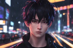 Wednesday Adam in 8k anime cgi drawing style, Adam family them, , neon effect, close picture, rain, highly detailed, high details, detailed portrait, masterpiece,ultra detailed, ultra quality