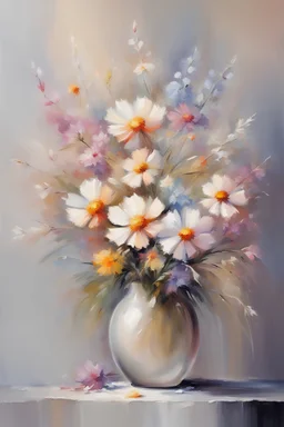 A bouquet of wild flowers in a vase. Pastel colors. Abstract Oil painting in the style of Willem Haenraets.