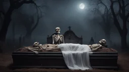 Hyper Realistic Photographic Middle Shot View Of A Dead Married Couple (Man Skeleton In White Tuxedo & White Pant And Woman Skeleton In White Bride Gown) Lying In A Coffin With Their Skeletons, in A Spooky Cemetery At Dark Foggy Night Showing Dramatic And Cinematic Ambiance.