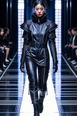 Kryptonian on a fashion runway cyberpunk clothes style without cape