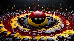 A conceptual art rendering of the Fluidic Marvel of a fantastical combination of a bloody, yellowish, zombified, angry Pac-Man and Intricate Ferrofluid Porosity slamming into a surface, horror art style, expressive face, wet, dripping, blood, viscera, 3D Game Cinematic Feel, Epic 3D Videogame Graphics, Intricately Detailed, 8K Resolution, Dynamic Lighting, Unreal Engine 5, CryEngine, Trending on ArtStation, HDR, 3D Masterpiece, Unity Render, Perfect Composition.